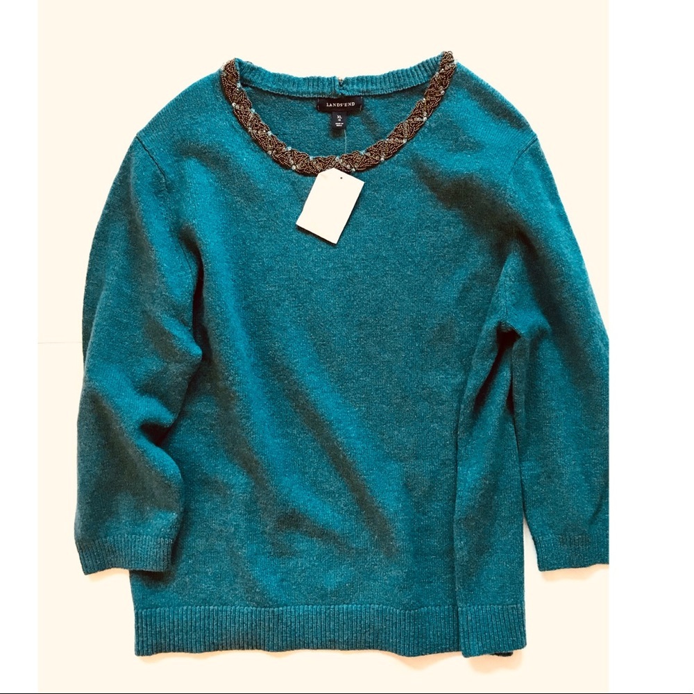 Lands' End Teal Crewneck Wool Blend Sweater with Embellished Scoop
